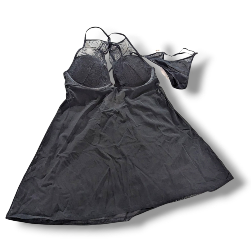 NWT Auden Black Chemise And Thong, lace, Push-up, Strappy, Size Medium